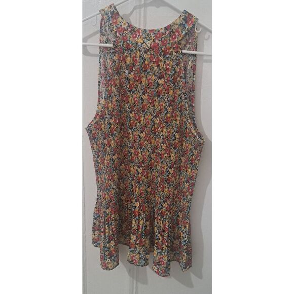 Pleione Womens Large Blouse HI Neck Ditsy Floral Red Yellow Top Pleated - Picture 1 of 10